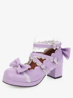 Sweet Lolita Footwear Pink Bow Ruffles Round Toe Leather Lolita Shoes