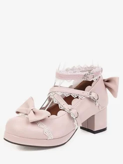 Sweet Lolita Footwear Pink Bow Ruffles Round Toe Leather Lolita Shoes