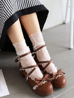 Sweet Lolita Footwear Pink Bow Ruffles Round Toe Leather Lolita Shoes