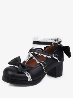 Sweet Lolita Footwear Pink Bow Ruffles Round Toe Leather Lolita Shoes