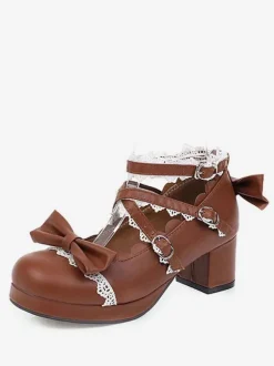 Sweet Lolita Footwear Pink Bow Ruffles Round Toe Leather Lolita Shoes