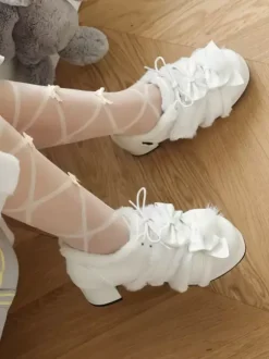 Sweet Lolita Footwear Pink Bows Round Toe PU Leather Lolita Pumps