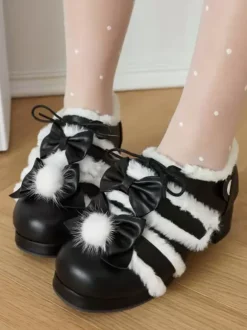 Sweet Lolita Footwear Pink Bows Round Toe PU Leather Lolita Pumps