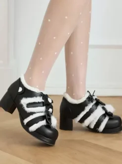 Sweet Lolita Footwear Pink Bows Round Toe PU Leather Lolita Pumps