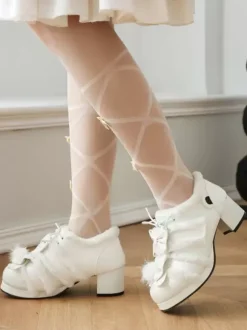 Sweet Lolita Footwear Pink Bows Round Toe PU Leather Lolita Pumps