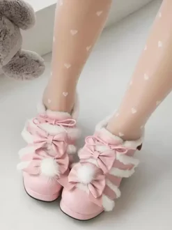 Sweet Lolita Footwear Pink Bows Round Toe PU Leather Lolita Pumps