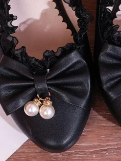 Sweet Lolita Footwear Pink Ruffles Bows Leather Prism Heel Lolita Shoes