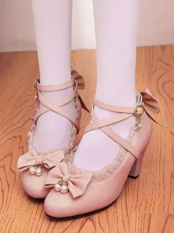 Sweet Lolita Footwear Pink Ruffles Bows Leather Prism Heel Lolita Shoes