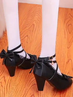 Sweet Lolita Footwear Pink Ruffles Bows Leather Prism Heel Lolita Shoes
