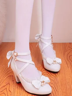 Sweet Lolita Footwear Pink Ruffles Bows Leather Prism Heel Lolita Shoes