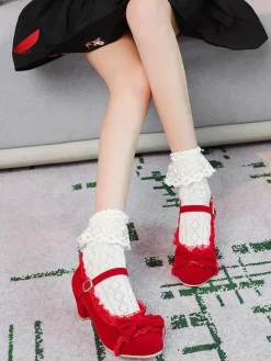 Sweet Lolita Footwear Pink Ruffles Bows Round Toe Suede Nap Lolita Shoes