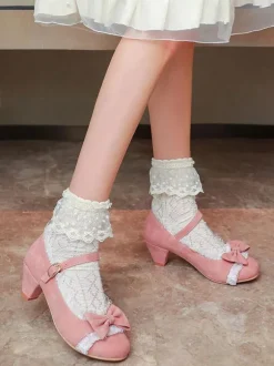 Sweet Lolita Footwear Pink Ruffles Bows Round Toe Suede Nap Lolita Shoes