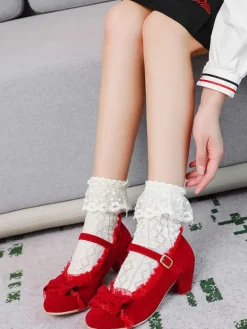 Sweet Lolita Footwear Pink Ruffles Bows Round Toe Suede Nap Lolita Shoes
