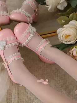 Sweet Lolita Footwear Pink Ruffles Color Block Chunky Heel Mary Jane Lolita Pumps