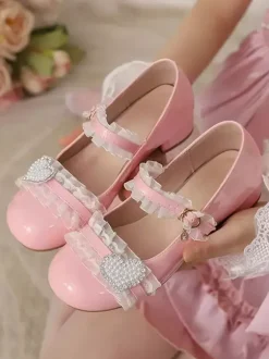 Sweet Lolita Footwear Pink Ruffles Color Block Chunky Heel Mary Jane Lolita Pumps