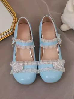 Sweet Lolita Footwear Pink Ruffles Color Block Chunky Heel Mary Jane Lolita Pumps