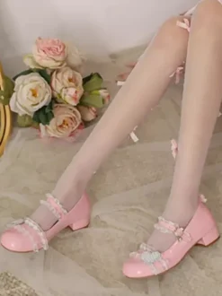 Sweet Lolita Footwear Pink Ruffles Color Block Chunky Heel Mary Jane Lolita Pumps
