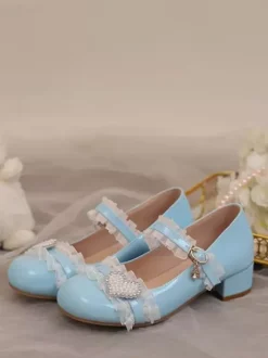 Sweet Lolita Footwear Pink Ruffles Color Block Chunky Heel Mary Jane Lolita Pumps