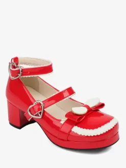 Sweet Lolita Footwear Red Bows PU Leather Chunky Heel Lolita Pumps