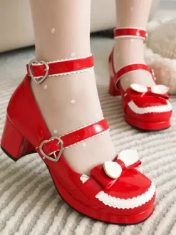 Sweet Lolita Footwear Red Bows PU Leather Chunky Heel Lolita Pumps