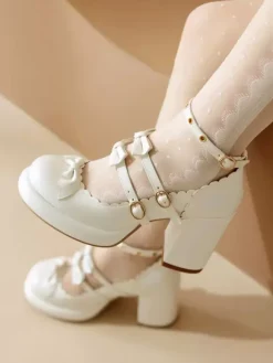 Sweet Lolita Footwear Red Bows Metal Details Round Toe Patent PU Upper Lolita Shoes