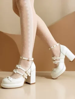 Sweet Lolita Footwear Red Bows Metal Details Round Toe Patent PU Upper Lolita Shoes