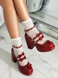 Sweet Lolita Footwear Red Bows Metal Details Round Toe Patent PU Upper Lolita Shoes