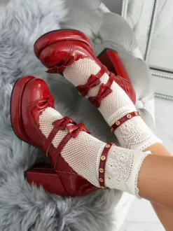 Sweet Lolita Footwear Red Bows Metal Details Round Toe Patent PU Upper Lolita Shoes