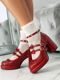 Sweet Lolita Footwear Red Bows Metal Details Round Toe Patent PU Upper Lolita Shoes