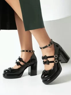 Sweet Lolita Footwear Red Bows Metal Details Round Toe Patent PU Upper Lolita Shoes