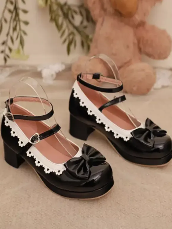 Sweet Lolita Footwear Red Color Block Bows Ruffles Round Toe PU Leather Lolita Pumps