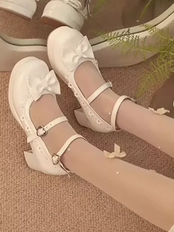 Sweet Lolita Footwear Red Color Block Bows Ruffles Round Toe PU Leather Lolita Pumps