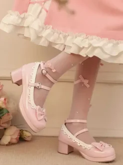 Sweet Lolita Footwear Red Color Block Bows Ruffles Round Toe PU Leather Lolita Pumps