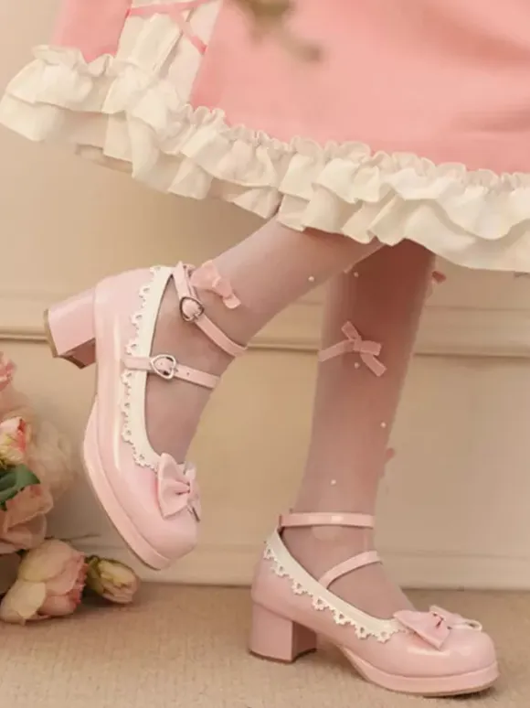 Sweet Lolita Footwear Red Color Block Bows Ruffles Round Toe PU Leather Lolita Pumps
