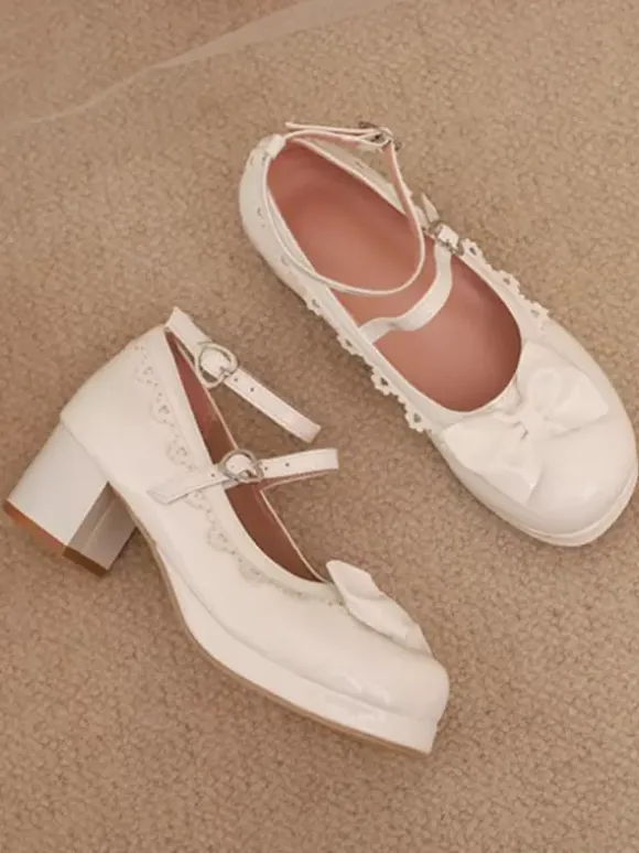 Sweet Lolita Footwear Red Color Block Bows Ruffles Round Toe PU Leather Lolita Pumps