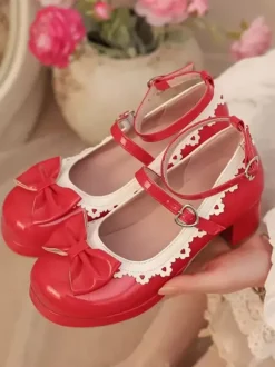 Sweet Lolita Footwear Red Color Block Bows Ruffles Round Toe PU Leather Lolita Pumps