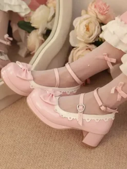 Sweet Lolita Footwear Red Color Block Bows Ruffles Round Toe PU Leather Lolita Pumps