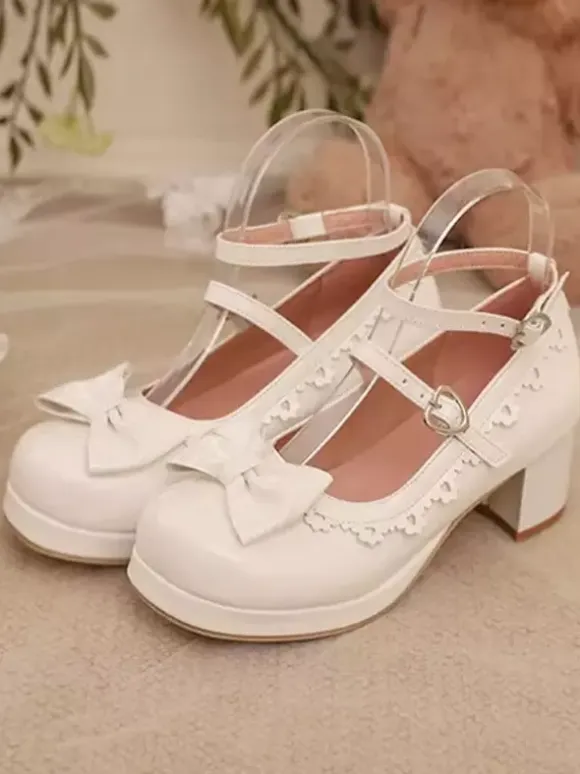 Sweet Lolita Footwear Red Color Block Bows Ruffles Round Toe PU Leather Lolita Pumps