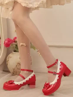Sweet Lolita Footwear Red Color Block Bows Ruffles Round Toe PU Leather Lolita Pumps