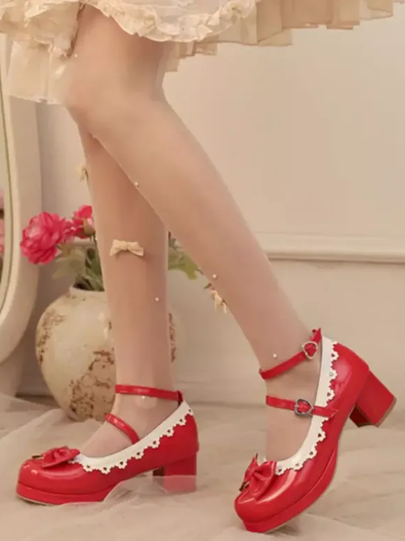 Sweet Lolita Footwear Red Color Block Bows Ruffles Round Toe PU Leather Lolita Pumps