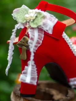 Sweet Lolita Footwear Red Pearls Lace Ruffles Chunky Heel Lolita Shoes