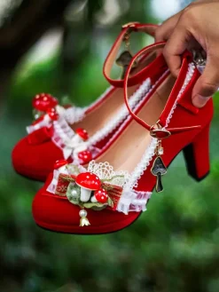 Sweet Lolita Footwear Red Pearls Lace Ruffles Chunky Heel Lolita Shoes