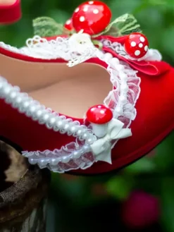 Sweet Lolita Footwear Red Pearls Lace Ruffles Chunky Heel Lolita Shoes