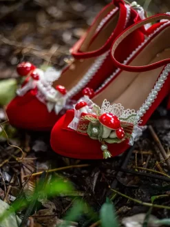 Sweet Lolita Footwear Red Pearls Lace Ruffles Chunky Heel Lolita Shoes