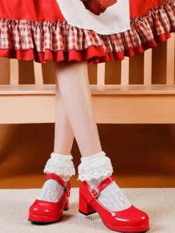 Sweet Lolita Footwear Red PU Leather Chunky Heel Lolita Pumps