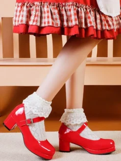 Sweet Lolita Footwear Red PU Leather Chunky Heel Lolita Pumps
