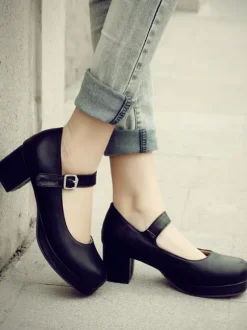 Sweet Lolita Footwear Round Toe Leather Ankle Strap Lolita Pumps