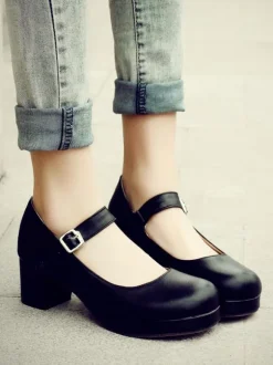 Sweet Lolita Footwear Round Toe Leather Ankle Strap Lolita Pumps