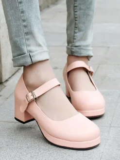 Sweet Lolita Footwear Round Toe Leather Ankle Strap Lolita Pumps