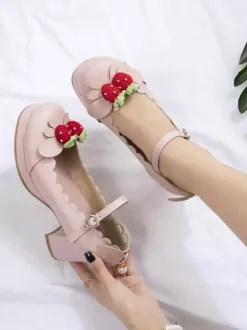 Sweet Lolita Footwear Strawberry Leather Chunky Heel Lolita Shoes